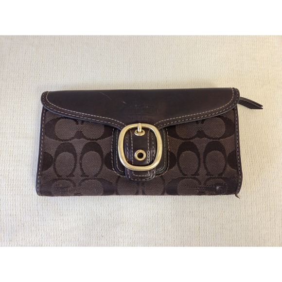 Coach Handbags - Coach Bleeker Signature Jacquard Trifold ID Wallet Dark Brown Gold Buckle